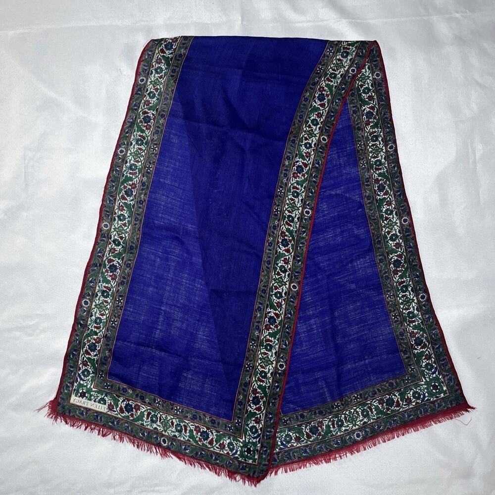 Ellen Tracy Scarf Rectangle Indigo 56" X 14.5" Floral Trim Signed Fringe